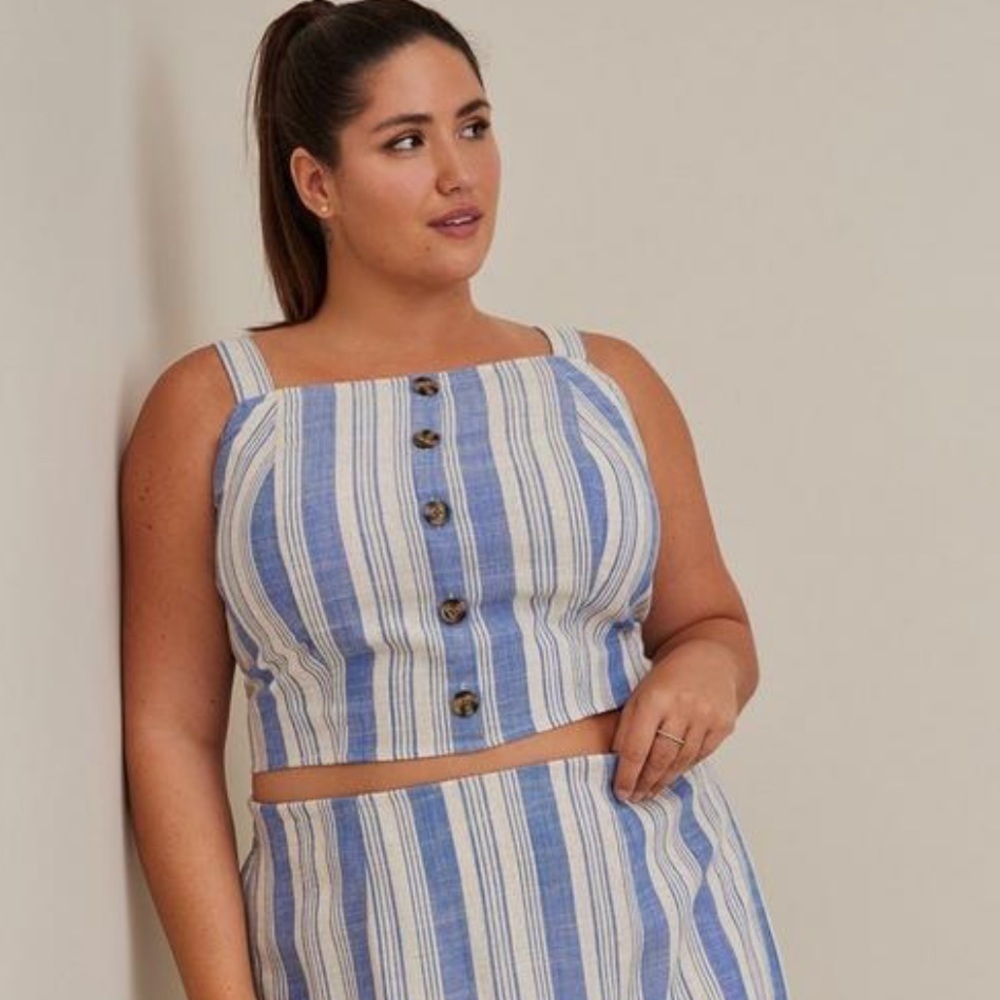 NWT Torrid Linen Blend Button-Front Striped Crop … - image 2